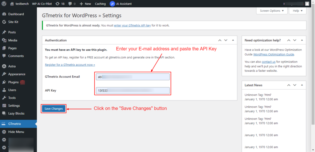 Enter your E-mail address and paste the GTmetrix API key 