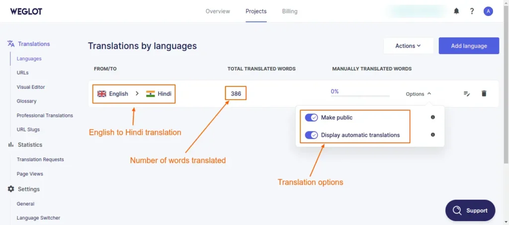 Translation by languages (English to Hindi)