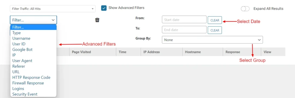 Advanced Filters, Select Date, and Select Group