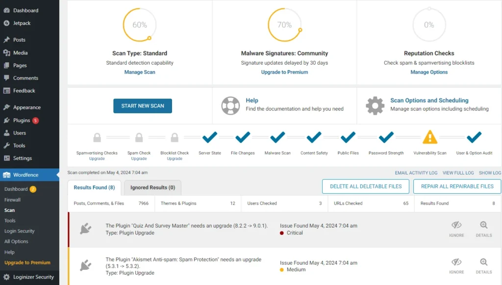 Wordfence Scan Dashboard