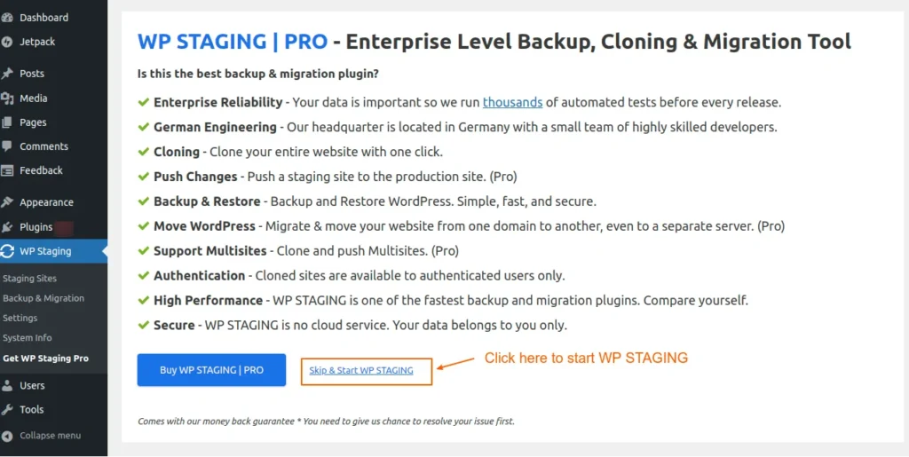 Skip and Start WP Staging