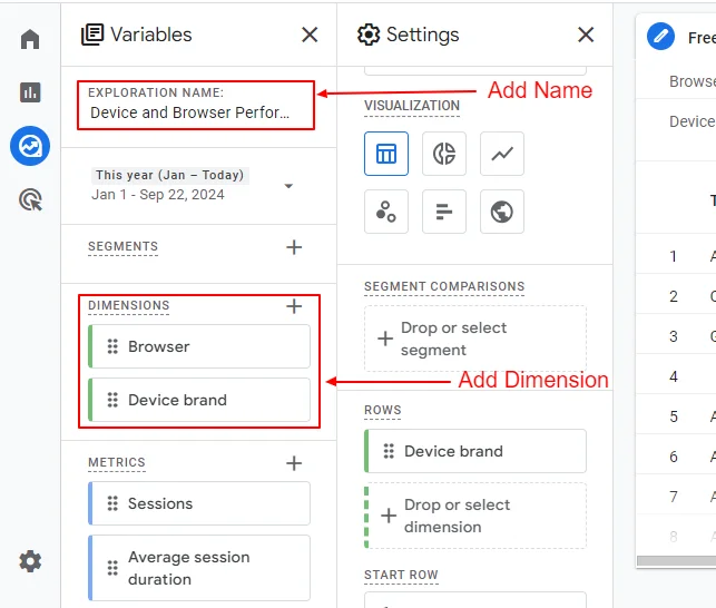 Add Exploration name and dimension