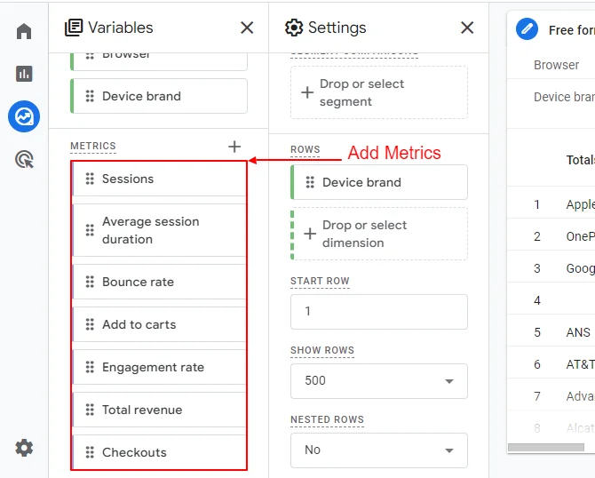 Add metrics in the Variables Panel