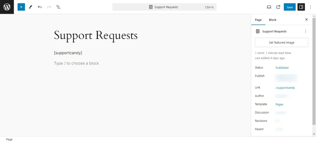 Create a New WordPress Page Support Requests