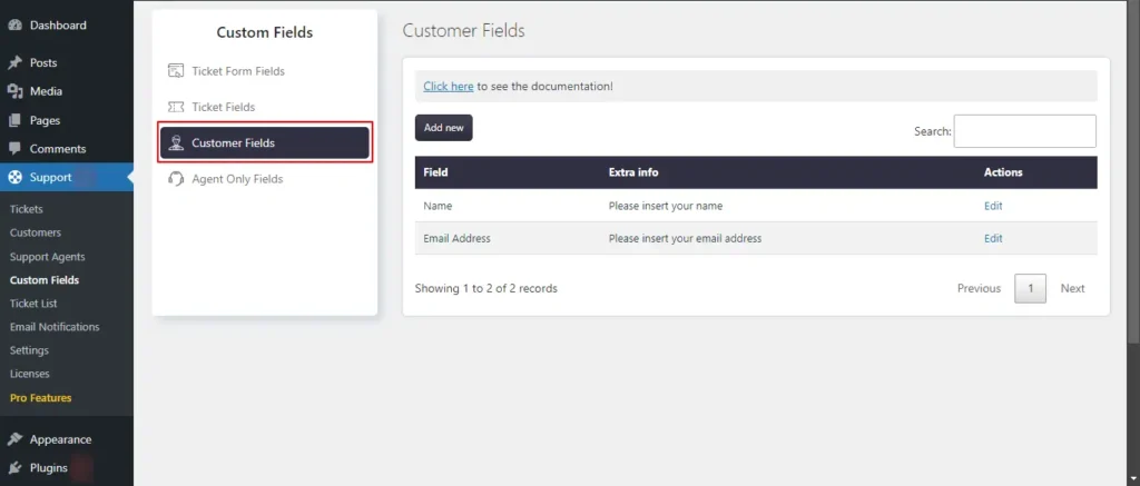 Customer Fields list