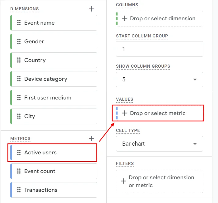 Double click or drag and drop metrics