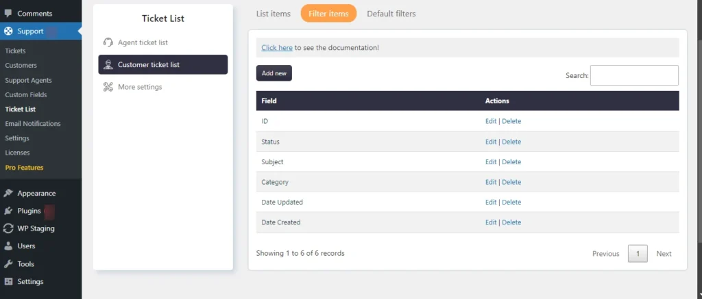 Filter fields for Customer tickets (frontend)