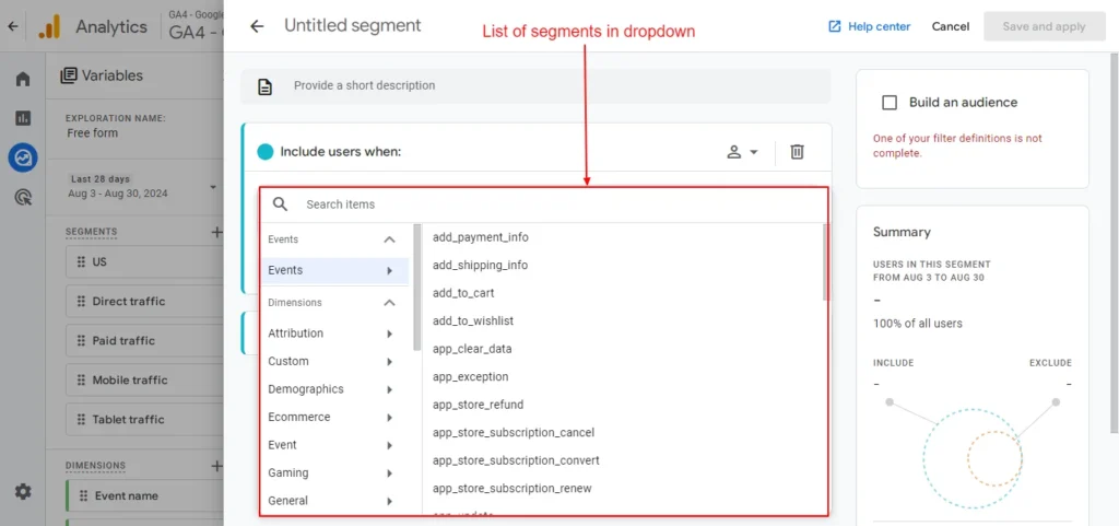  List of Events, Dimensions, and Metrics