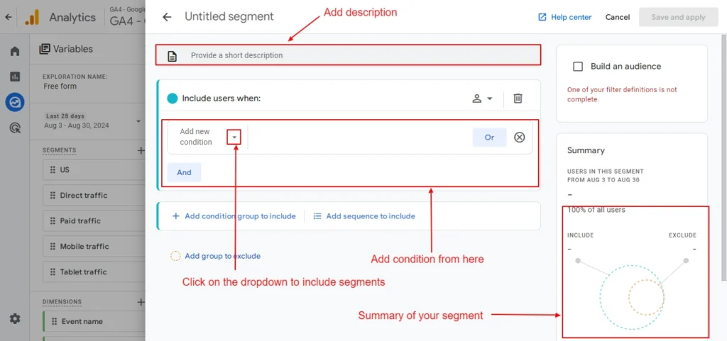 Segment description and conditions