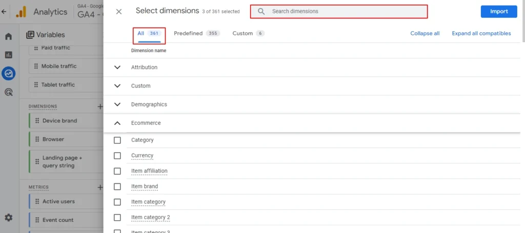 Select Dimensions (347 dimensions available)