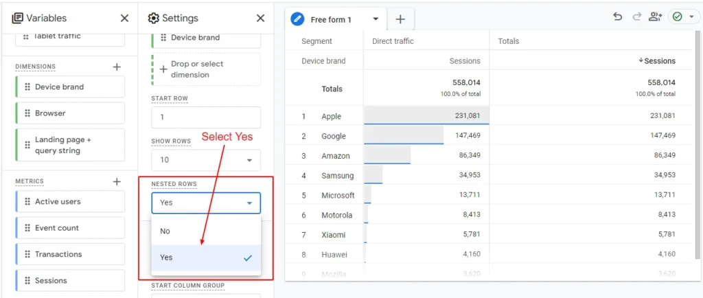 Select Yes in Nested Rows