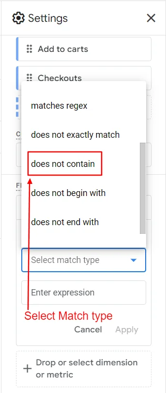 Select match type does not contain