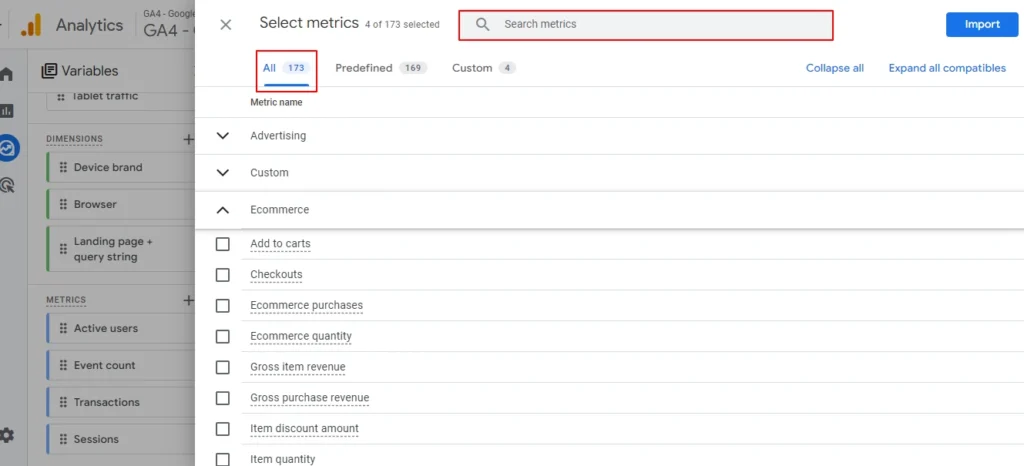 Select metrics (173 metrics available)