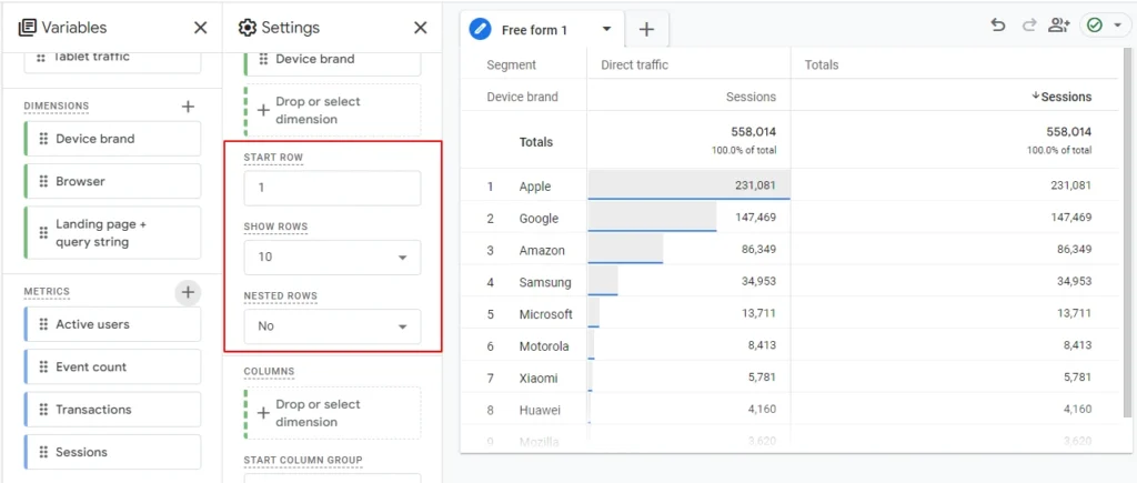 Select the start row number and number of rows to show