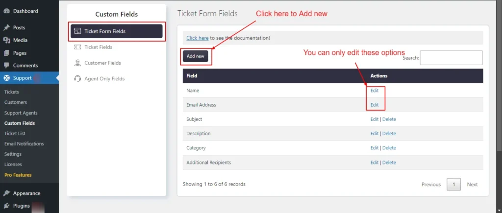 Ticket Form fields list