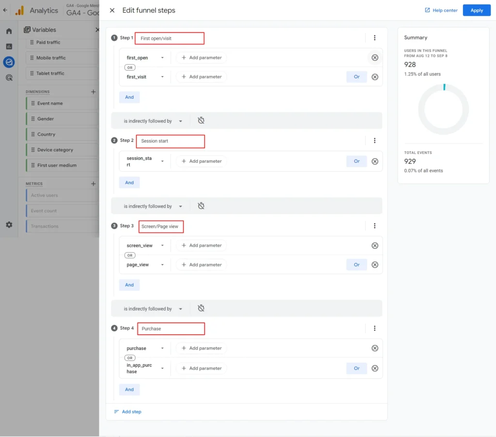 Steps in Funnel exploration template 