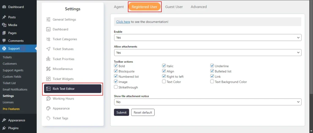 Rich Text Editor Registered User Tab