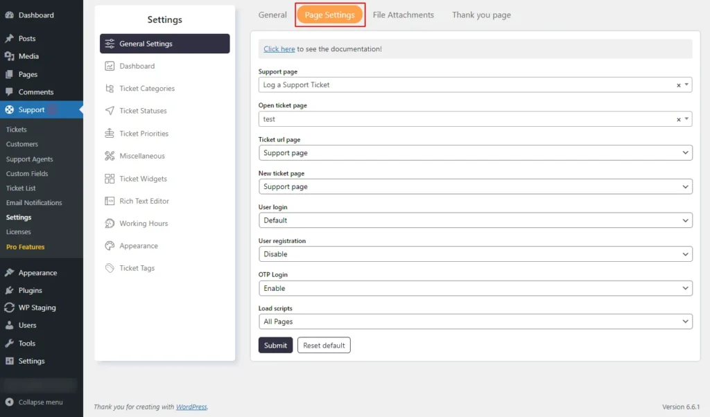 Support → Settings → General Settings → Page Settings tab