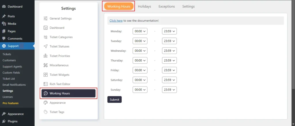 Support → Settings → Working Hours