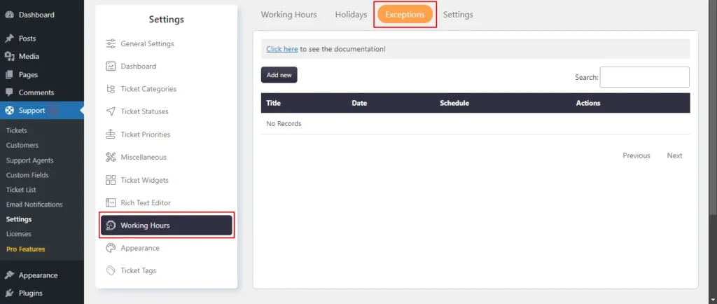 Working hours → Exceptions list