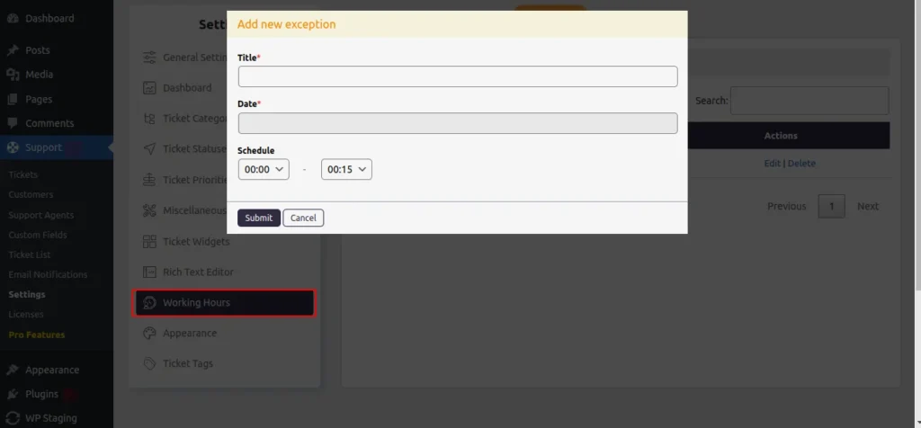 Working hours → Exceptions → Add New
