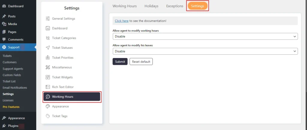 Working hours → Settings Tab